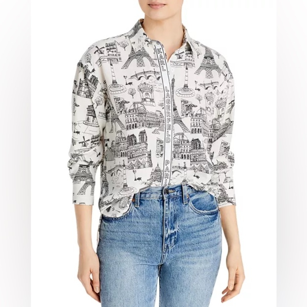 Karl Lagerfeld Parisian Cityscape Icon Graphic Button Down Blouse